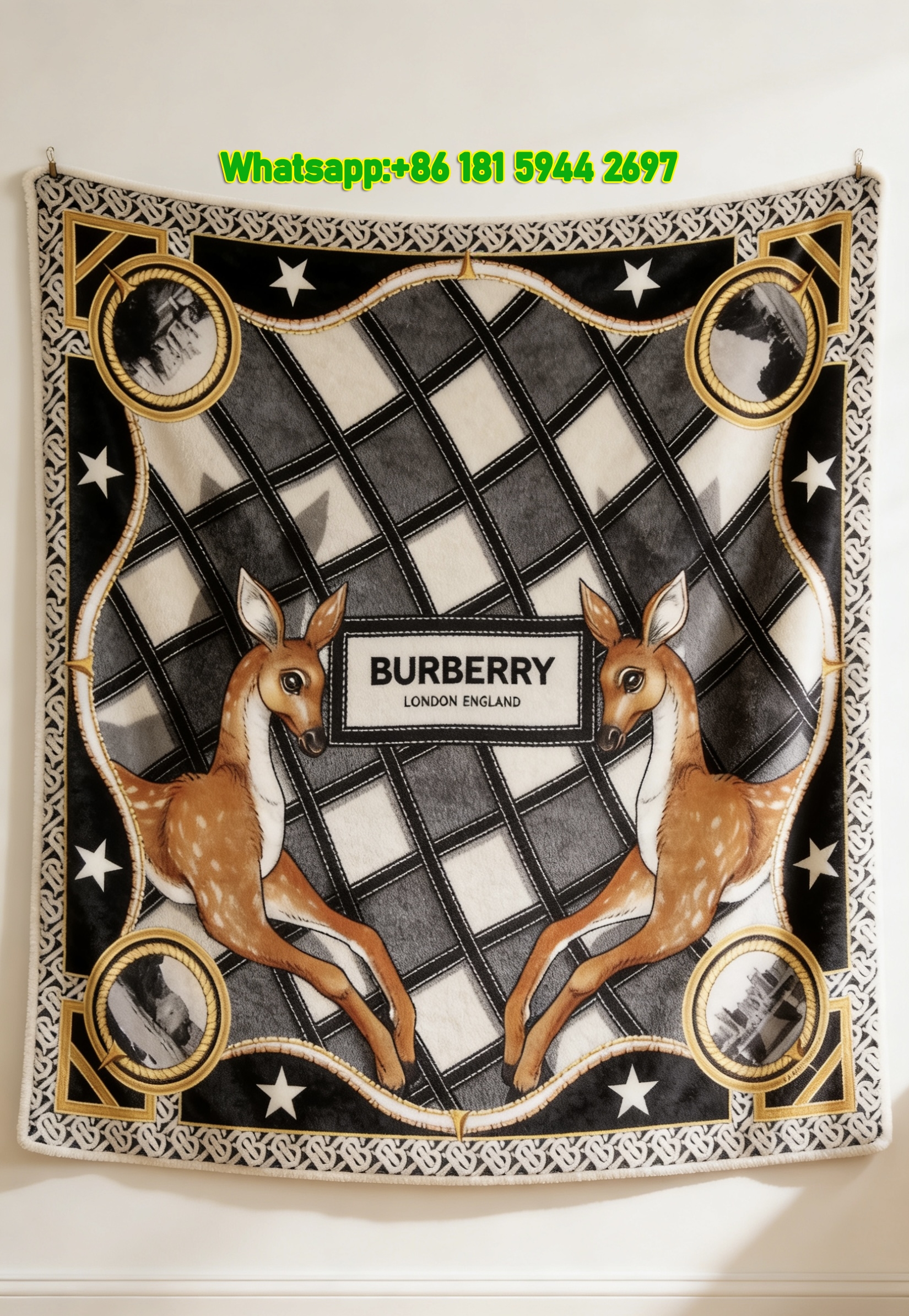 Burberry Deer Plaid Flannel Throw Blanket for Sofa B093